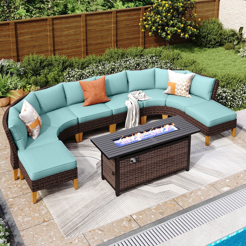 6-11 Piece Patio Outdoor Wicker Sectional Sofa Half-Moon Furniture Set Large Seating Conversation Sets with Fire Pit Table - 8 Seats-2 - Lake Blue
