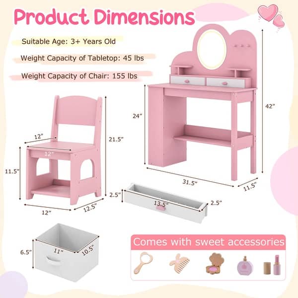 dimension image slide 1 of 2, Costway Kids Vanity with Lights, 2 Drawers & 2-Tier Bookshelf, 3 Hooks - See Details