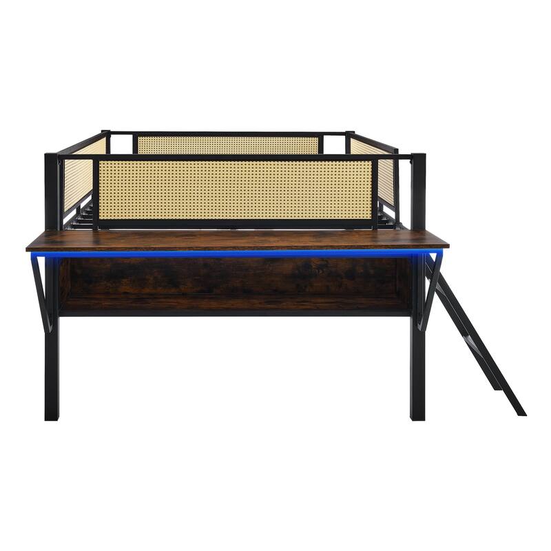 Full Size Metal Loft Bed with Desk, LED Lights & Storage