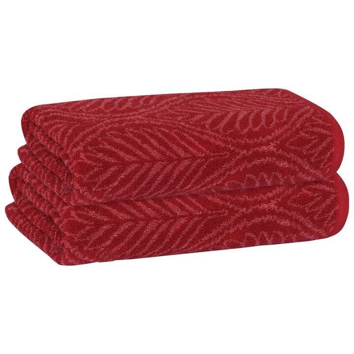PREMIUS 2 Pack Leaf 100% Cotton Yarn Dyed Hand Towel, 16x28 Inches - 16x28 Inches - Burgundy