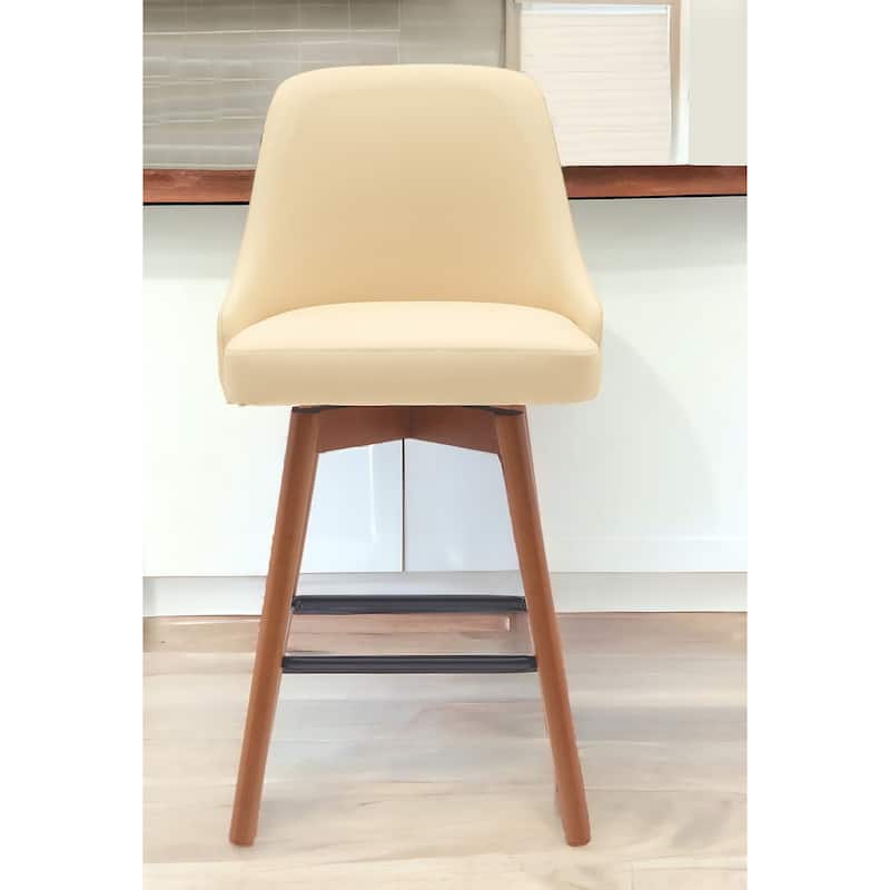 26" Cream and Wood Brown Faux Leather with Solid Wood Swivel Counter Height Bar Chair - Cream