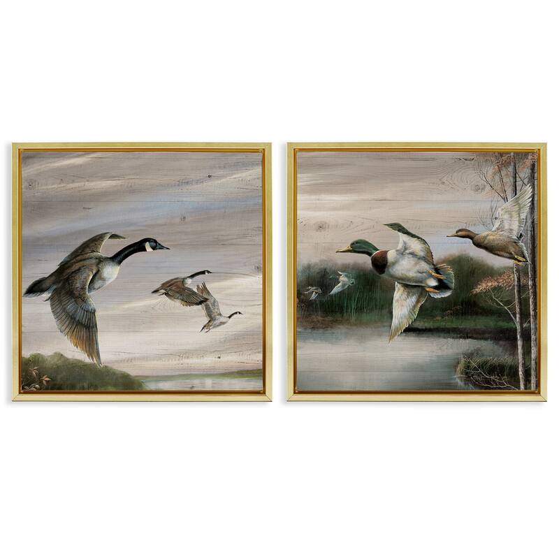 Stupell Geese & Ducks in Nature Framed Floater Canvas Wall Art Design By Ruane Manning (Set of 2) - 18 x 18 - Gold
