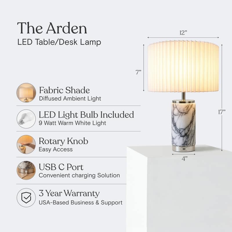Brightech Arden 17 in. Marble Mid-Century Modern LED Table Lamp with Fabric Drum Shade and Built-In Charging Port