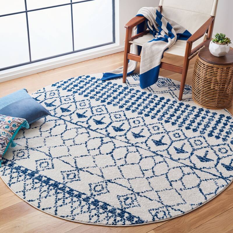 SAFAVIEH Tulum Ethelyn Rustic Moroccan Boho Tribal Rug - 6'7" Round - Ivory/Navy - Runner/Round