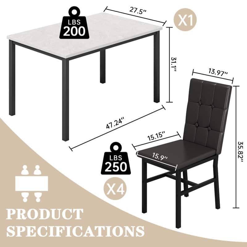 Grondin Modern Style 5 Pieces Dining Table Set For 4, Faux Marble Dining Room Table Set With 4 Upholstered Dining Chairs