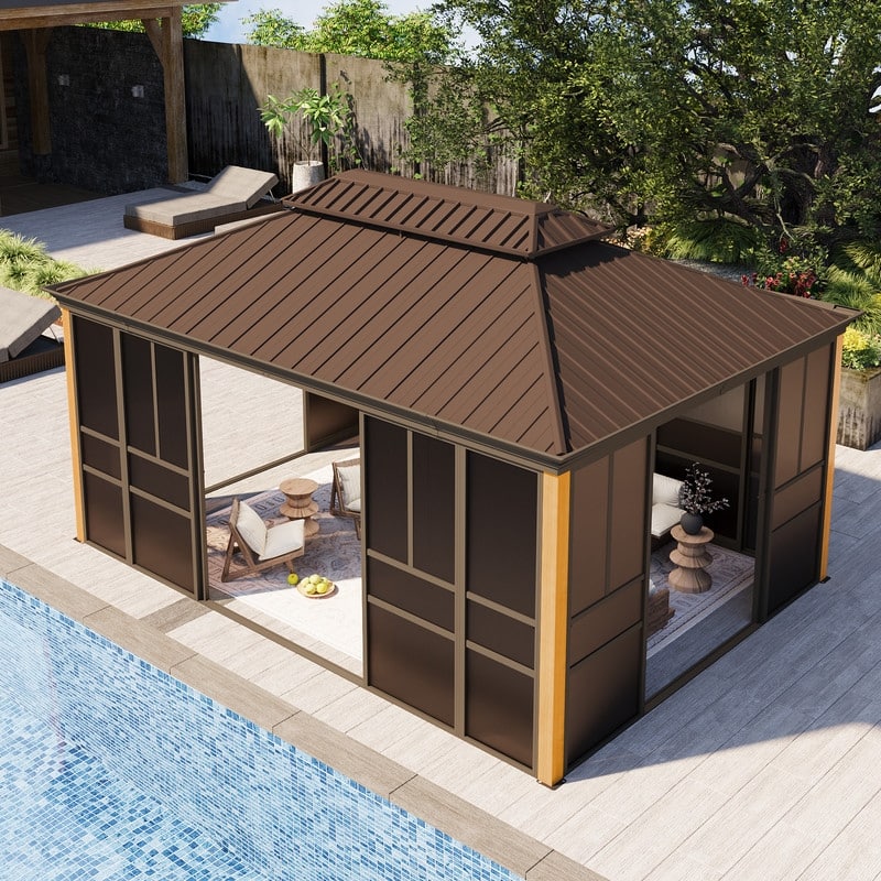 Outdoor Hardtop Sunroom Gazebo with Double Roof & Sliding Doors, All-Season Aluminum Outdoor Pergola, PE Screens&Lockable Design