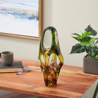 Green Glass Ombre Cutout Abstract Decorative Sculpture with Amber Accents
