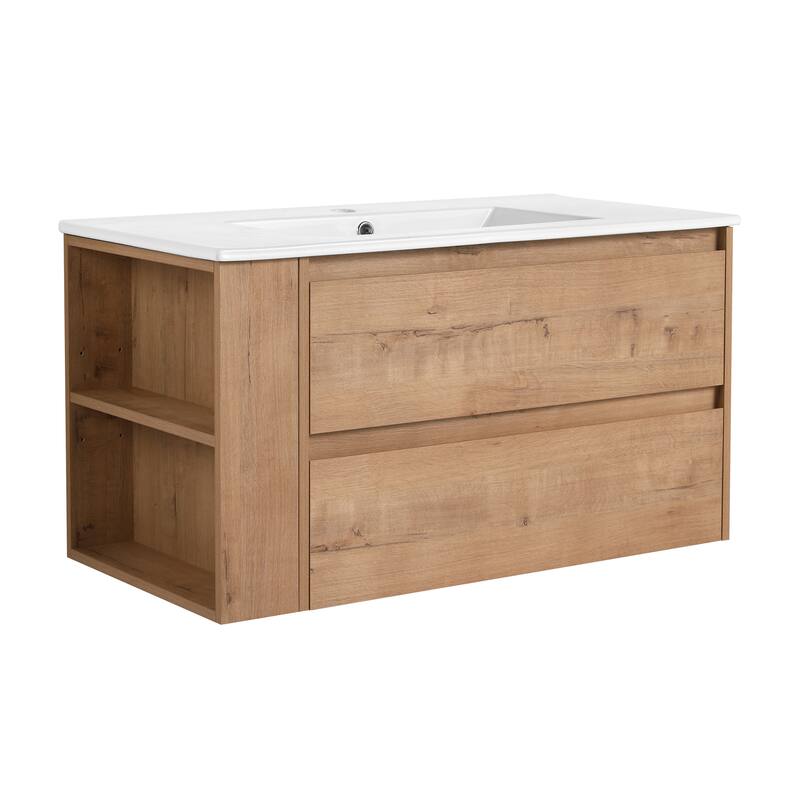 35.9-Inch Modern Bathroom Vanity with Ceramic Sink, Adjustable Side Shelf, Soft-Close Drawers, and 45° Beveled Invisible Handle