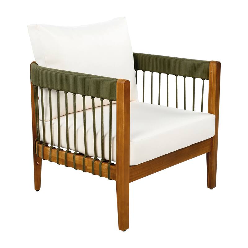 Acacia Wood Outdoor Club Chair with Handwoven Rope Accents & Curved Backrest - Water-Resistant with Removable Cushions