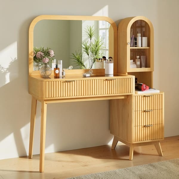 slide 2 of 7, 48 Inch Fluted Makeup Vanity Desk with Mirror, Glass Top, Charging Station, 4 Drawers and Cabinet Natural