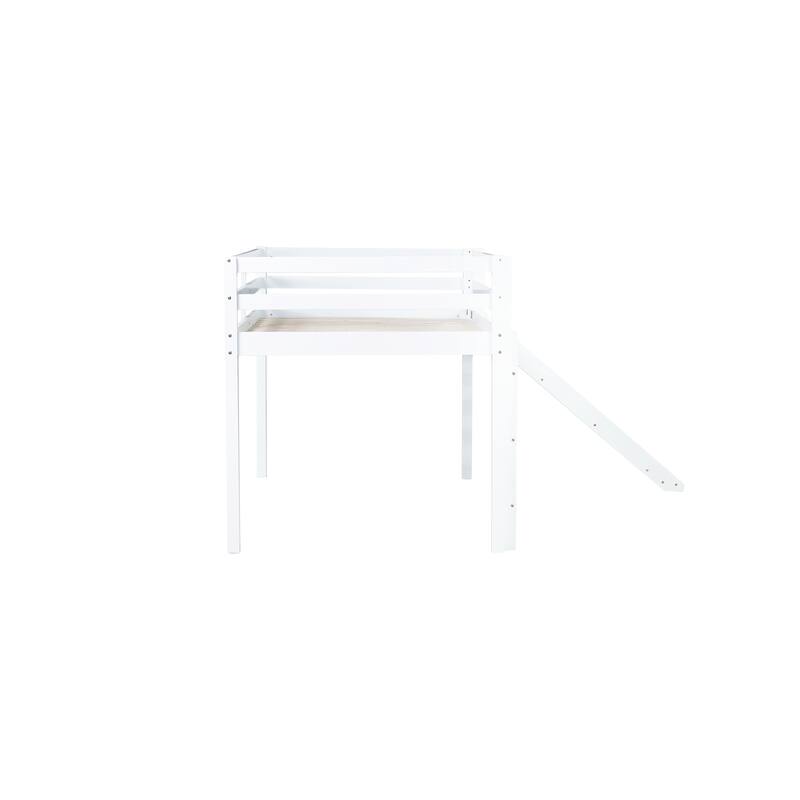 Twin Low Loft Bed with Slide, Ladder, and Safety Guardrails for Kids, White Oak Rubber Wood, Under-Bed Play Space
