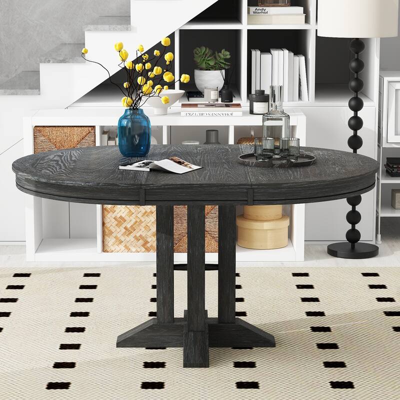 Farmhouse Dining Table Retractable Round Table Suitable for Kitchen and Dining Room, Can be Matched with its Own Chairs - Black