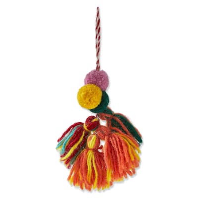 Multicolor Pompom and Tassel Swag Decorative Sculpture for Holiday Decor Indoor Use 8 in H x 5.6 in L x 4 in W