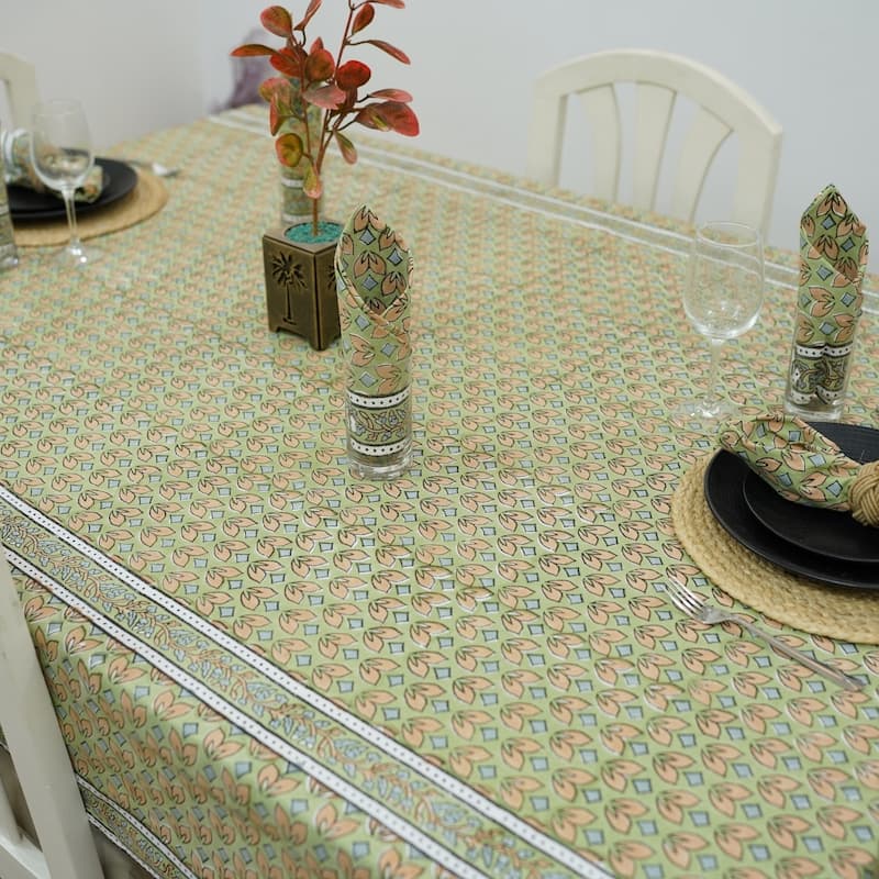 Fabdivine Floral Cotton Table Cover or Cloth Handmade Block Print for Dining & Home Décor Accent - 70"X108" - Titli- Light Green, Brown, Blue