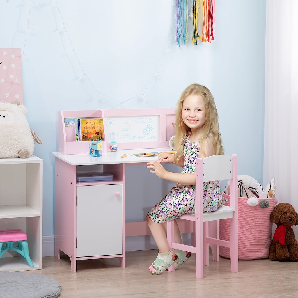 Modern Kids' Table Desk and Chair Set with Whiteboard Top and Built In Storage for Study Room or Bedroom