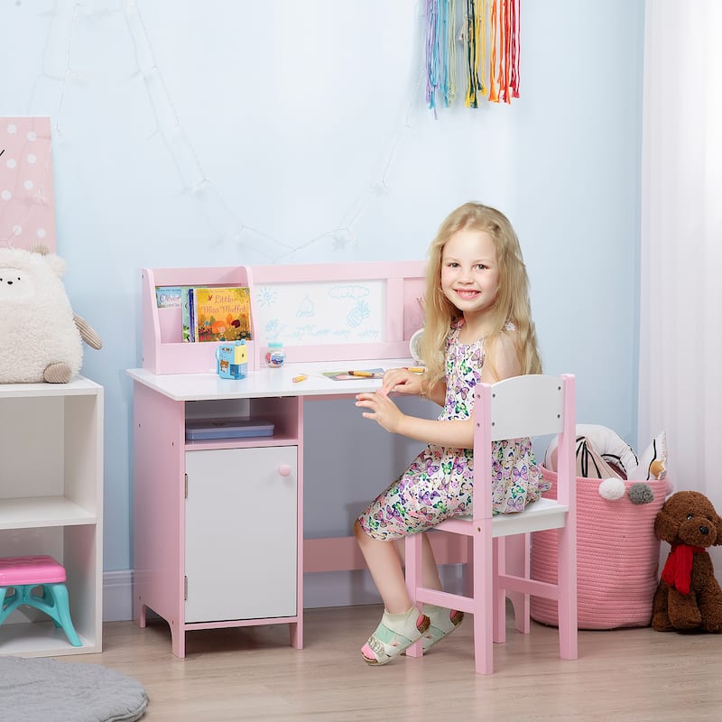 Qaba Toddler Desk and Chair Set, Kids Writing Desk Study Table for Children with Whiteboard