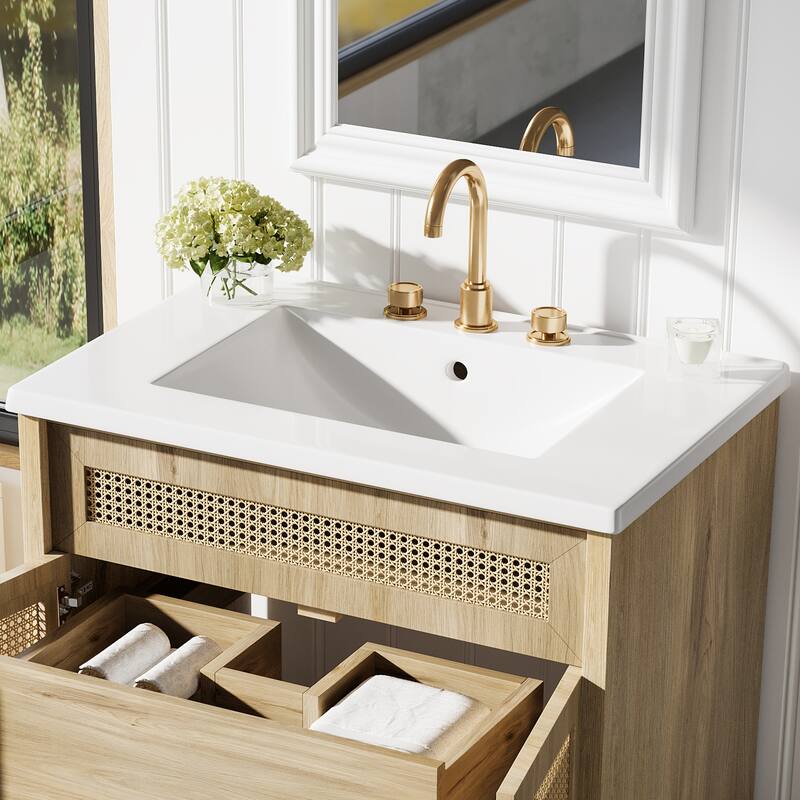 Christopher Knight Home - Hilton 30-Inch Bathroom Vanity: Handwoven Rattan Doors with Solid Wood Legs & Resin Basin