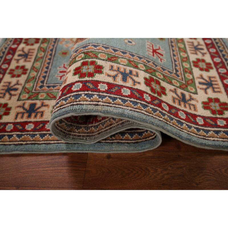 Light Blue Geometric Kazak Accent Rug Hand-Knotted Foyer Wool Carpet - 2'8" x 4'3"
