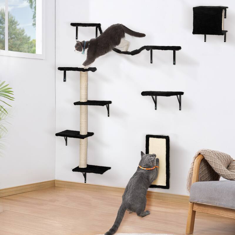 Cat Wall Shelves, Wall-Mounted Cat Climber Set of 5, Floating Cat Perches, Cat Furniture - Black