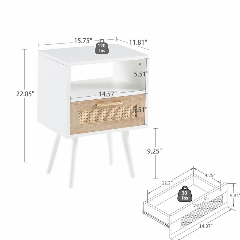 Rattan Nightstand with Drawer, Solid Wood Legs, 16"" Side Table