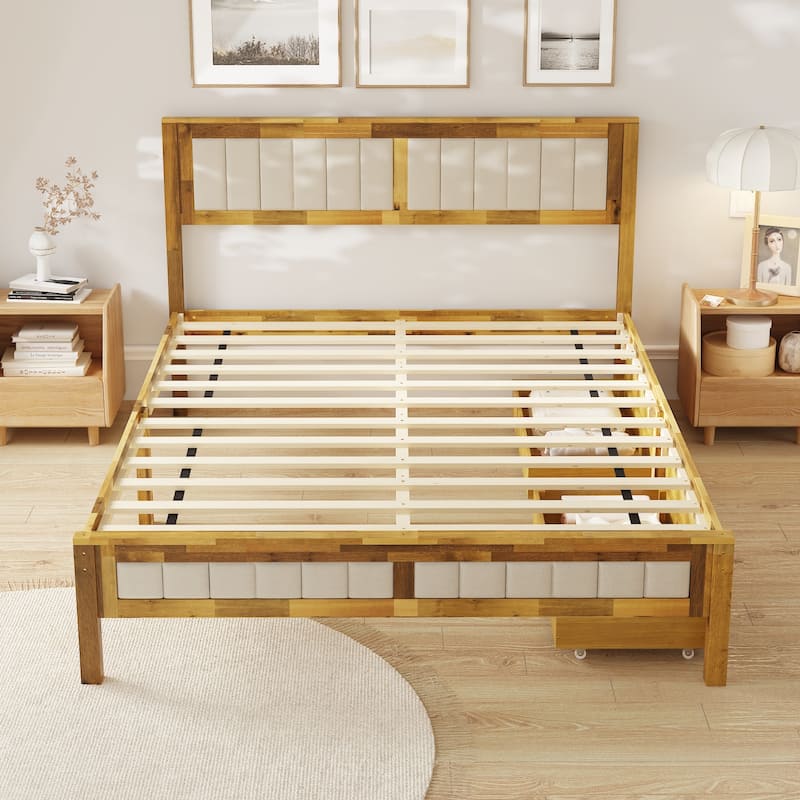 Queen Size Acacia Solid Wood Bed Fram Headboard/Drawer Platform Bed
