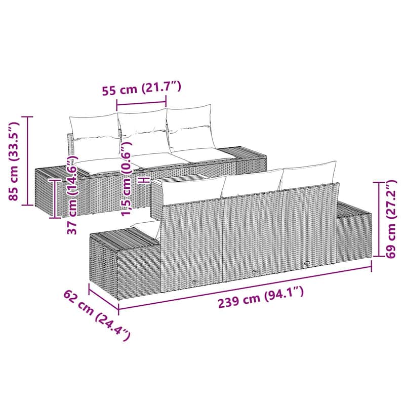 vidaXL 7 Piece Garden Sofa Set with Cushions Black Poly Rattan Acacia - 94.1×24.4×27.2