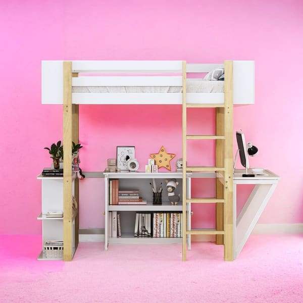 slide 2 of 38, Twin Size Loft Bed With Built-in Storage Cabinet and Cubes and Desk White