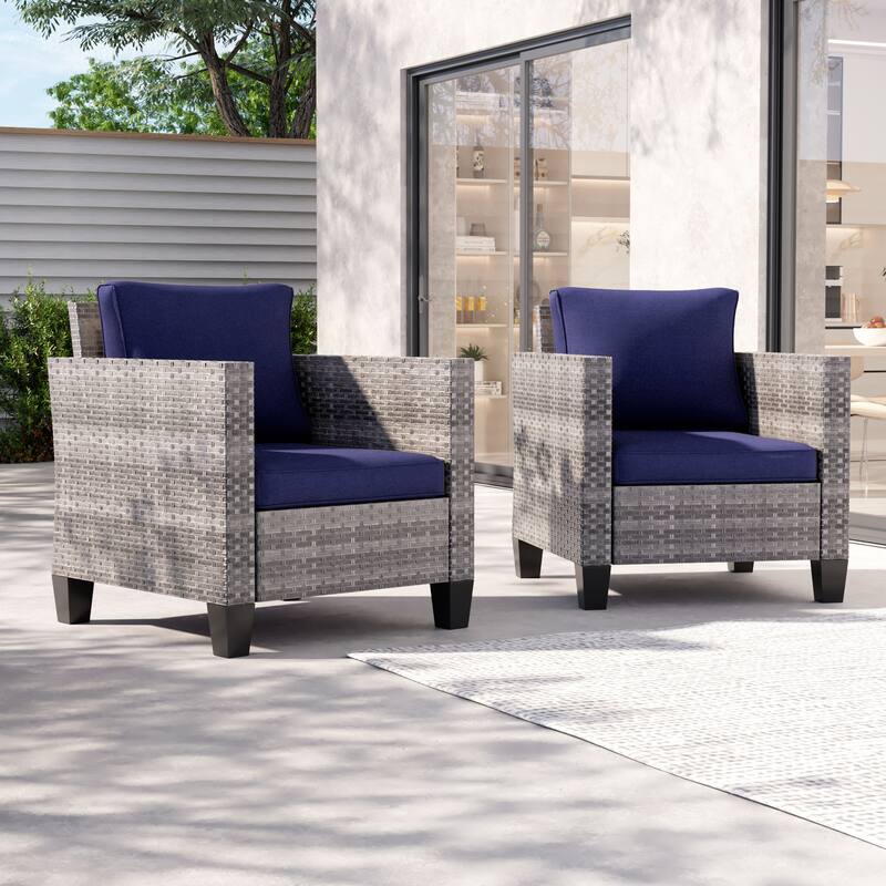 LIVOOSUN 2Pcs Outdoor Seating Sets Patio Grey Rattan Furniture Chair - Navy Blue