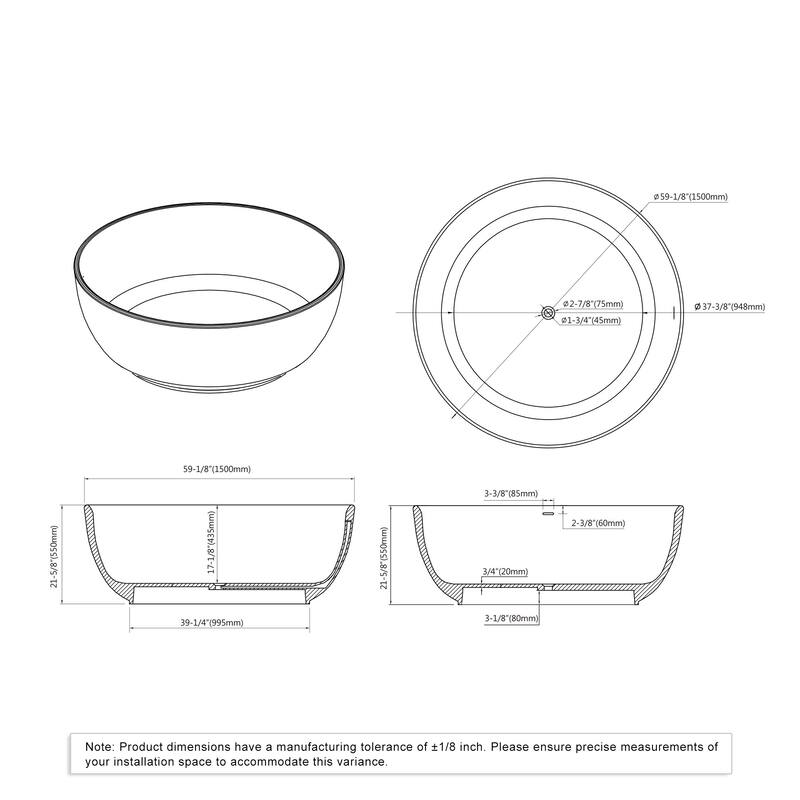 Repose 59" Stone Resin Soaking Tub - Round - 59D x 59W x 22H