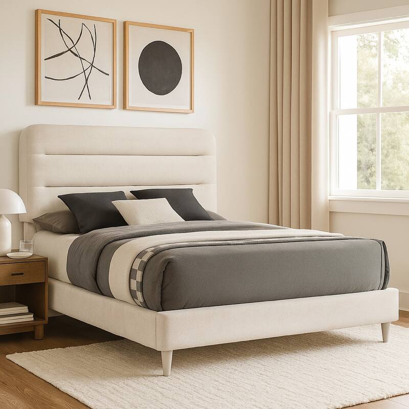 Meni King Size Bed, Scandinavian White Upholstered Panel Headboard