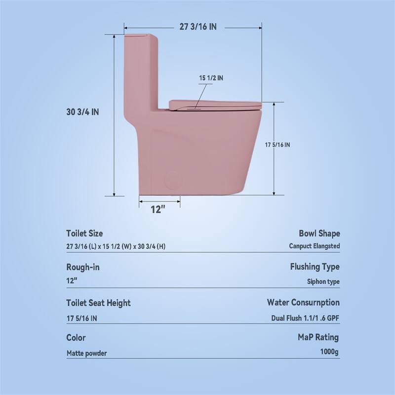 1.6/1.1GPF Dual-Flush One-Piece Toilet, Elongated ADA, 12" S-Trap,Pink