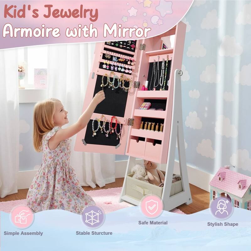 Kids MDF Bunny Jewelry Cabinet In Pink Jewelry Armoire With Mirror, 1 Door And 1 Fabric Drawer