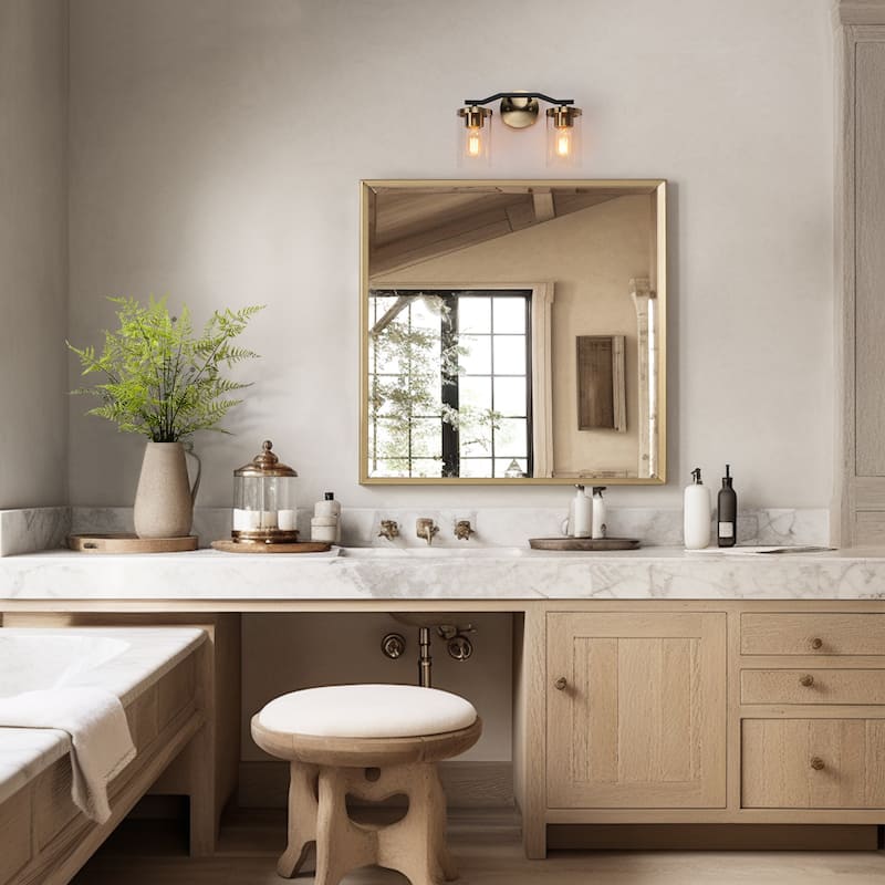 Modern Farmhouse 2-Light Black Gold Bathroom Vanity Light Dimmable Wall Sconces with Cylinder Glass - 14'' L x 5.5'' W x 9.5'' H