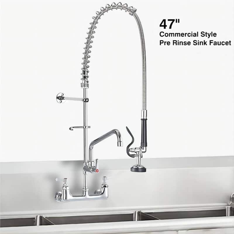 Commercial Wall Mount Kitchen Faucets Pre-Rinse Sprayer, 12 In Swivel Spout