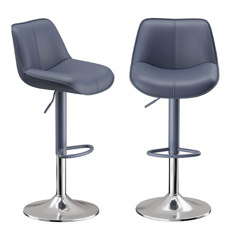 Bar Stools Adjustable Swivel Faux Leather Barstools with Footrests - Blue - Set of 2