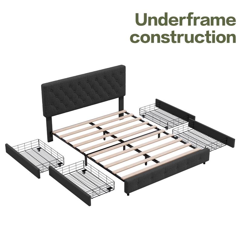 Linen Upholstered Headboard Bed Frame with Large Hidden Storage, 4 Underbed Drawers with Pulleys