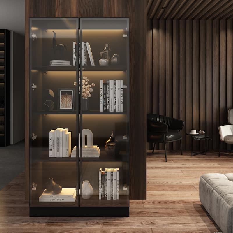 63"Hx31.5"W Lighted Display Cabinet with Glass Doors Bookshelf Buffet
