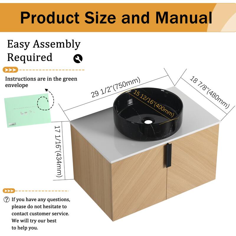 Malwee 30"/36" Floating Bathroom Vanity, Wall Mounted Bathroom Vanity with Ceramic Sink and Soft Close Door