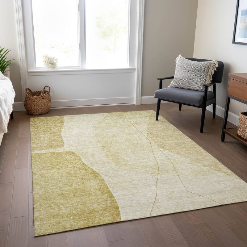 Machine Washable Indoor/ Outdoor Chantille Modern Abstract Rug - Gold - 9' x 12'