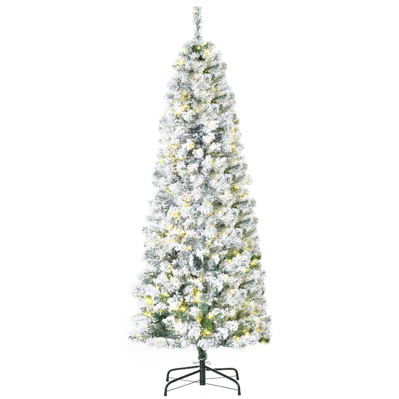 HOMCOM 6FT/7FT/9FT Slim Flocked Christmas Tree with Lights, Skinny Christmas Tree with Stand