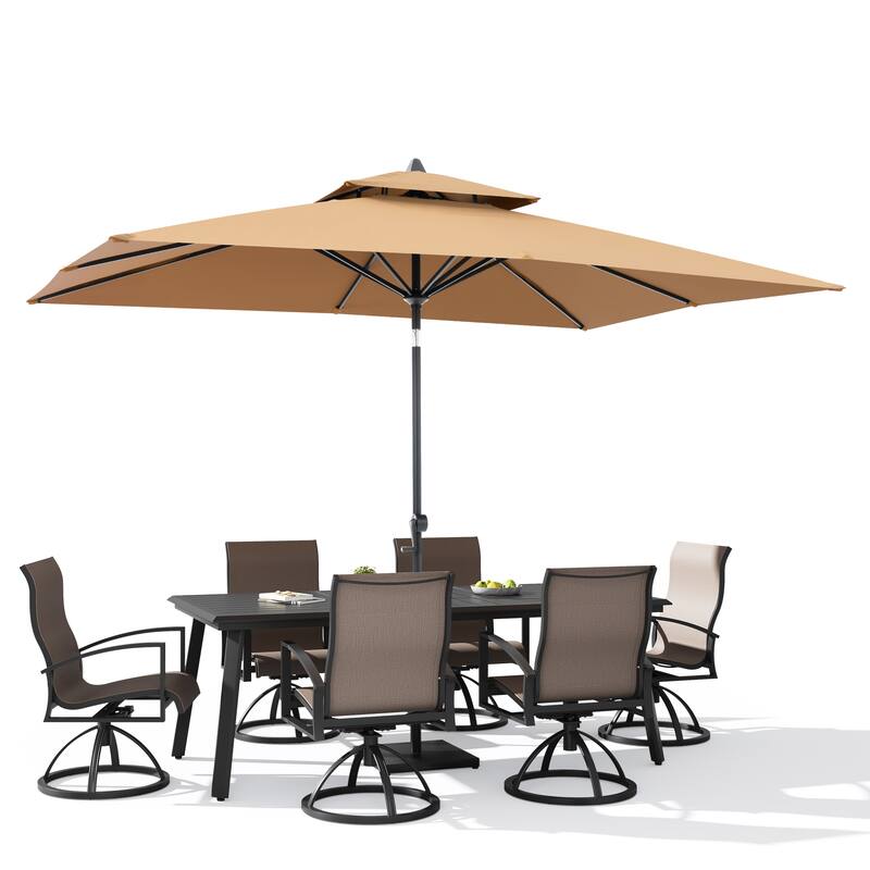 9-Piece Outdoor Aluminum Dining Table and Swivel Sunbrella Chairs with Market Umbrella and Base Set