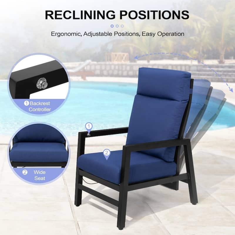 Aluminum Adjustable Back Patio Lounge Chairs and Ottoman with Cushion for Outdoor Indoor - See Picture