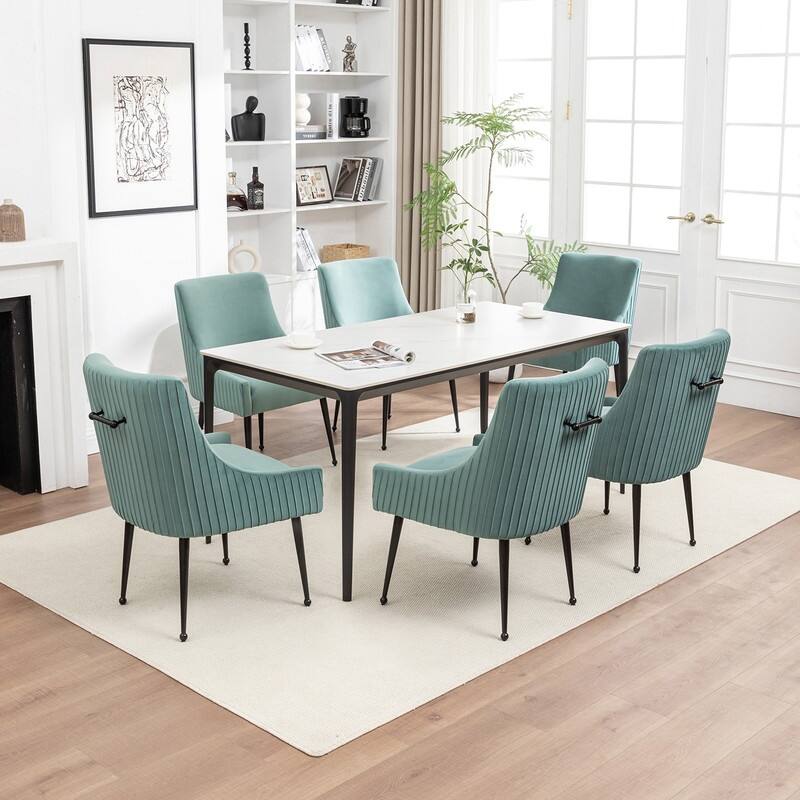 SEYNAR Modern Glam Velvet Black Metal Legs Dining Chair or Vanity Chair Set of 6 with Rear Handle - Green
