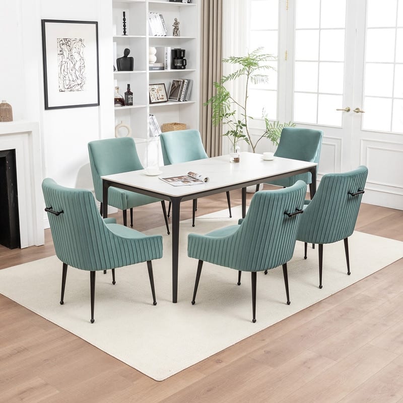 SEYNAR Modern Glam Velvet Black Metal Legs Dining Chair or Vanity Chair Set of 6 with Rear Handle