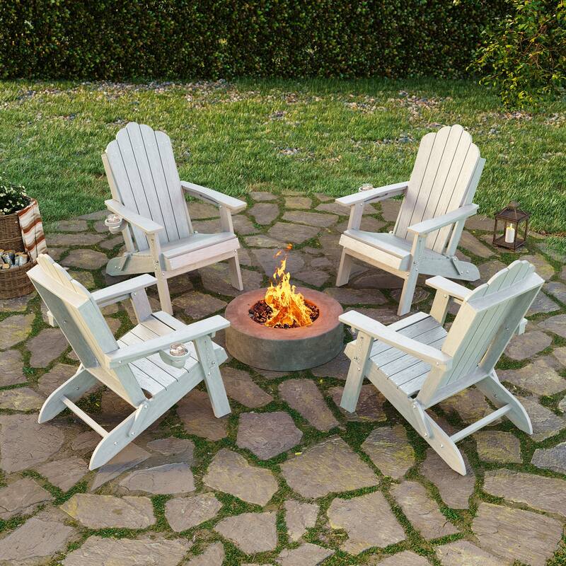 Foldable HDPE Adirondack Chair All-Weather W/ Cup Holder - White - 4-Piece