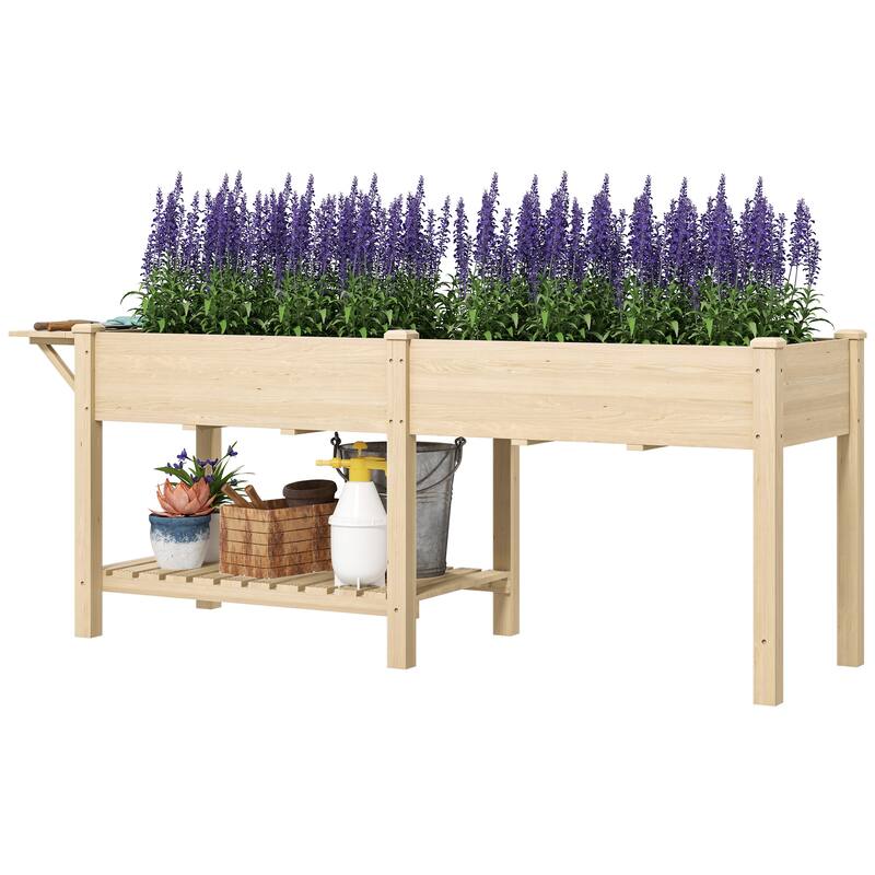 Fir Wood Raised Garden Bed with Bottom Shelf and Moisture-Retaining Liners Foldable Side Table - 81.5" W x 23.2" D x 30.7" H