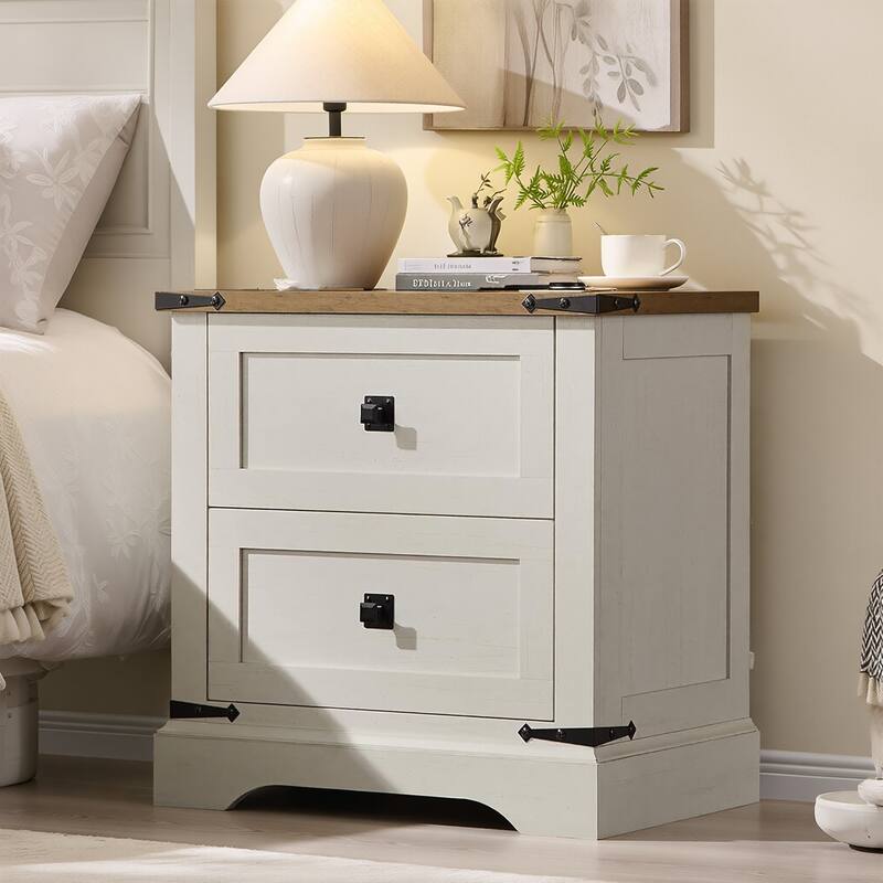 Farmhouse 2 Drawers Nightstand with Charging Station, Large End Table - White