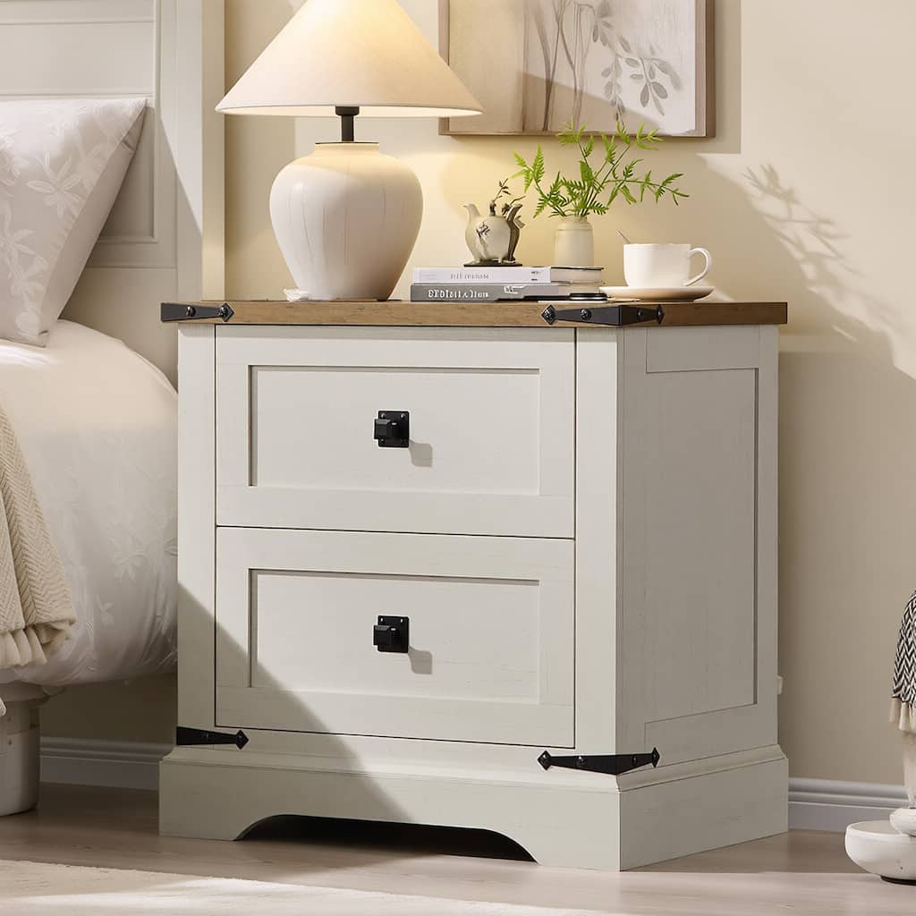 Farmhouse 2 Drawers Nightstand with Charging Station, Large End Table