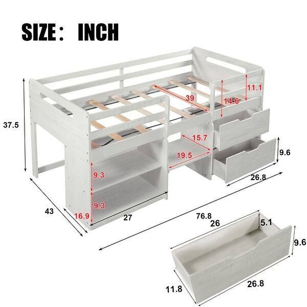 dimension image slide 1 of 2, Wood Twin Loft Bed with 2 Shelves & 2 drawers for Bedroom(Antique Gray)