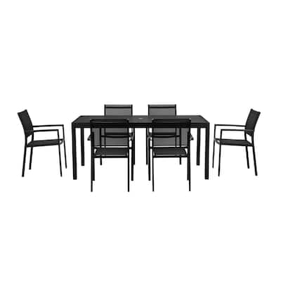 Fifi 7 Piece Dining Table Set, Black Metal Frames, Smooth Textilene Fabric